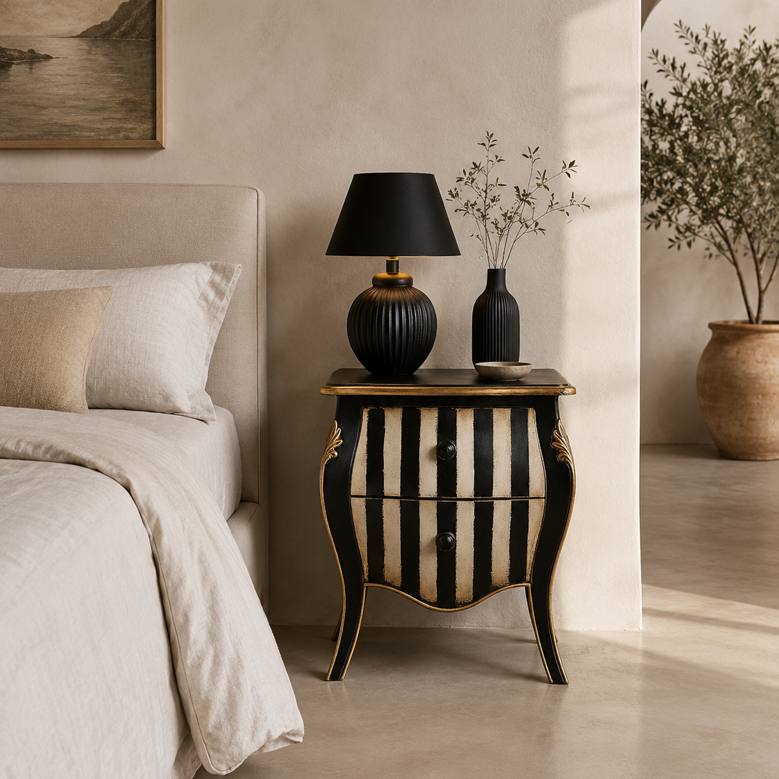 Chevet Marie en bois rayé noir et blanc homa home
