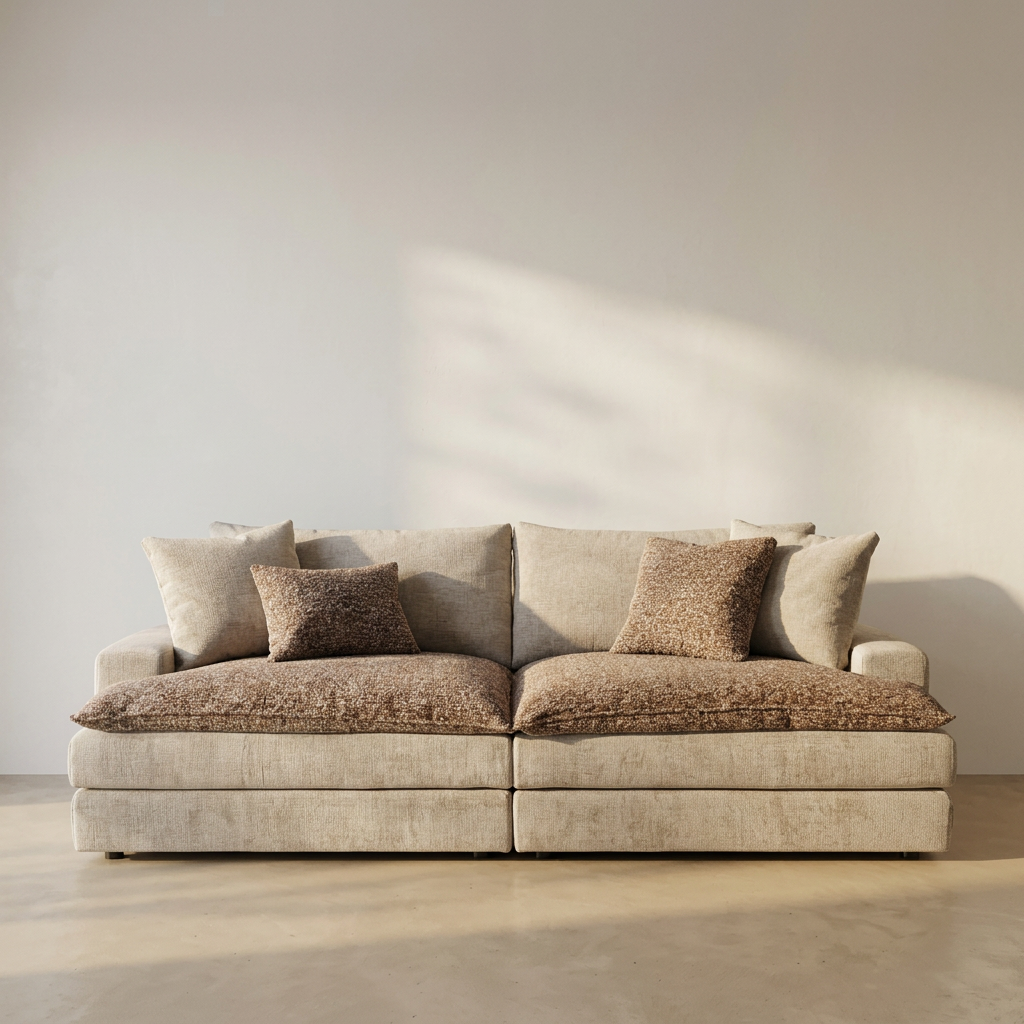 Canapé ROMA velours beige et surcoussins bouclette marron Homa Home