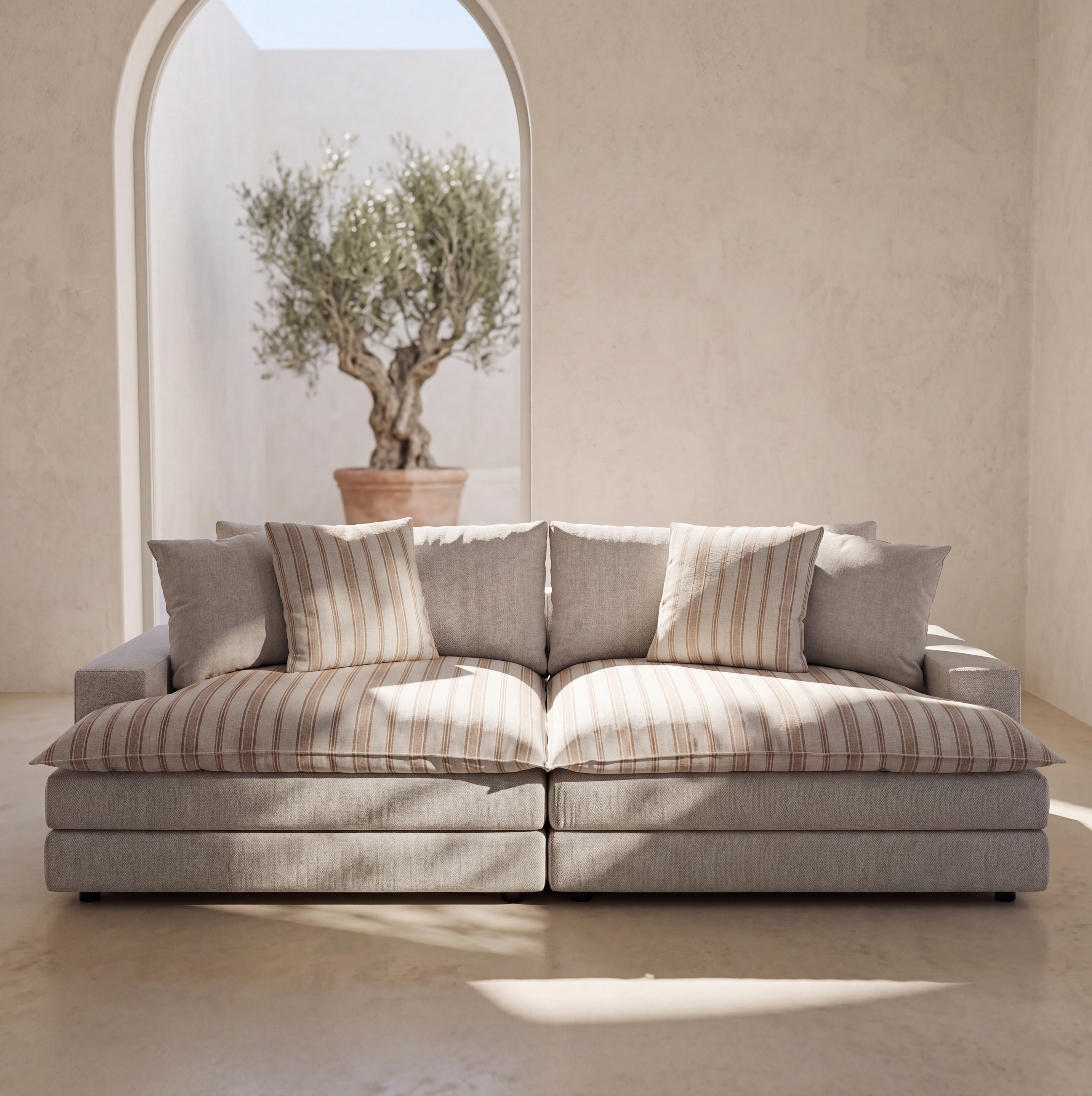 Canape Roma Beige et surcoussins rayures 257cm Homa Home