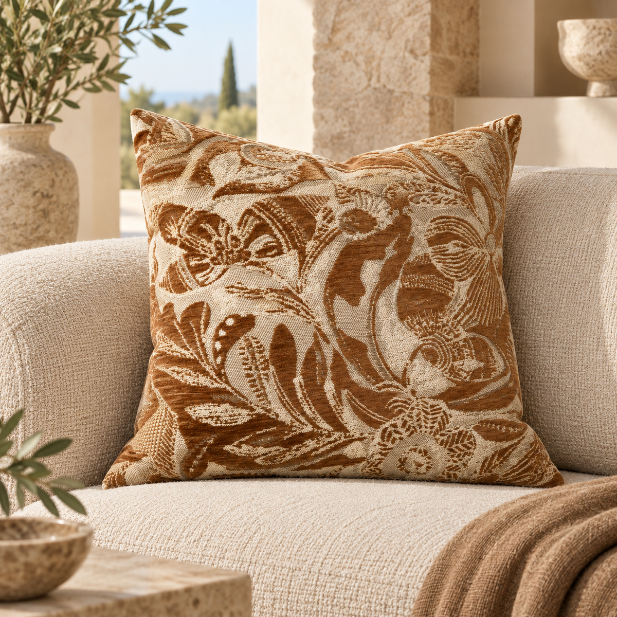 Coussin AMALFI – Floral jacquard terracotta & écru 50x50 Homa Home