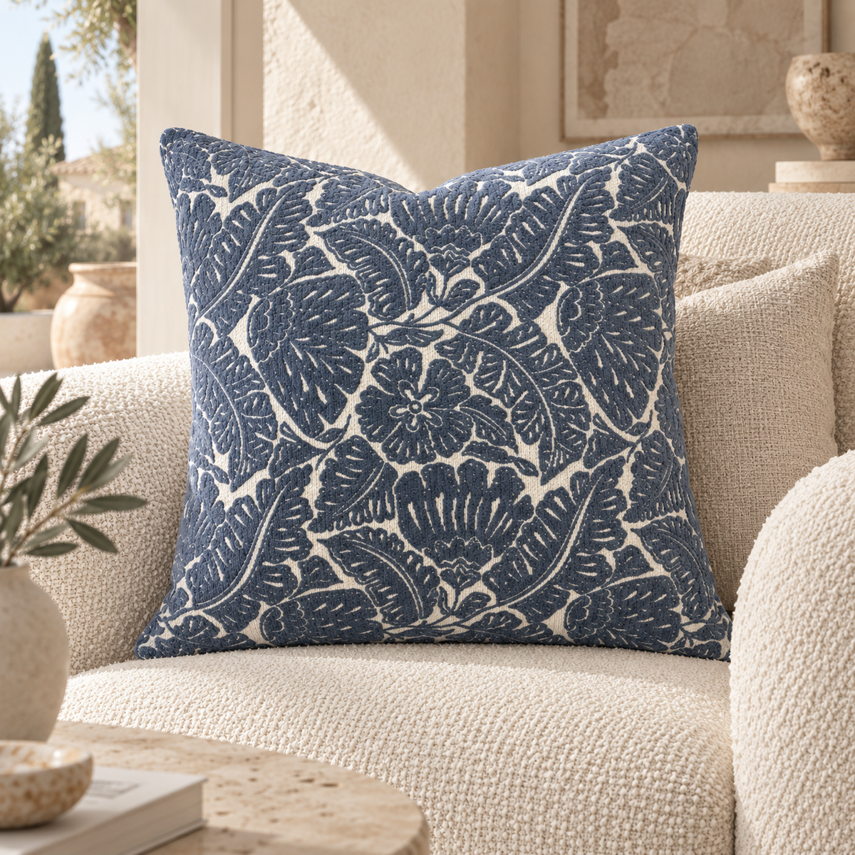 Coussin décoratif à motif floral bleu et écru – Java 50x50 Homa Home