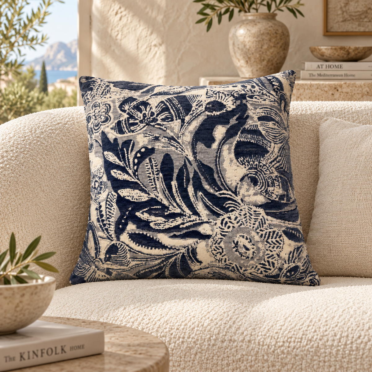 Coussin décoratif bleu indigo et écru – Motif floral Homa Home
