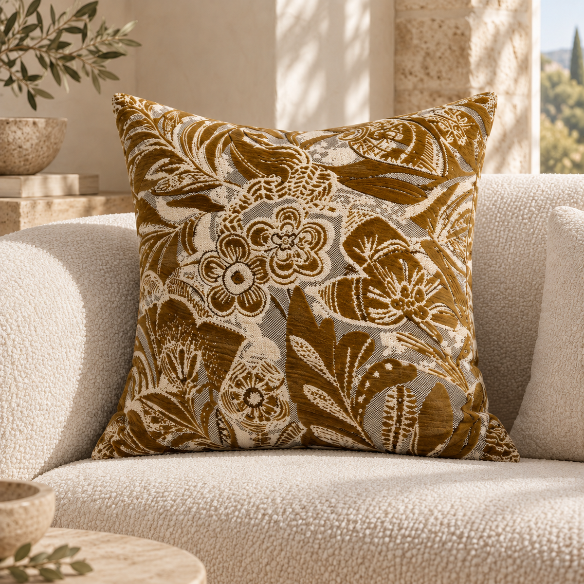 Coussin décoratif à motif floral ocre et écru – Sumba 50x50 Homa Home