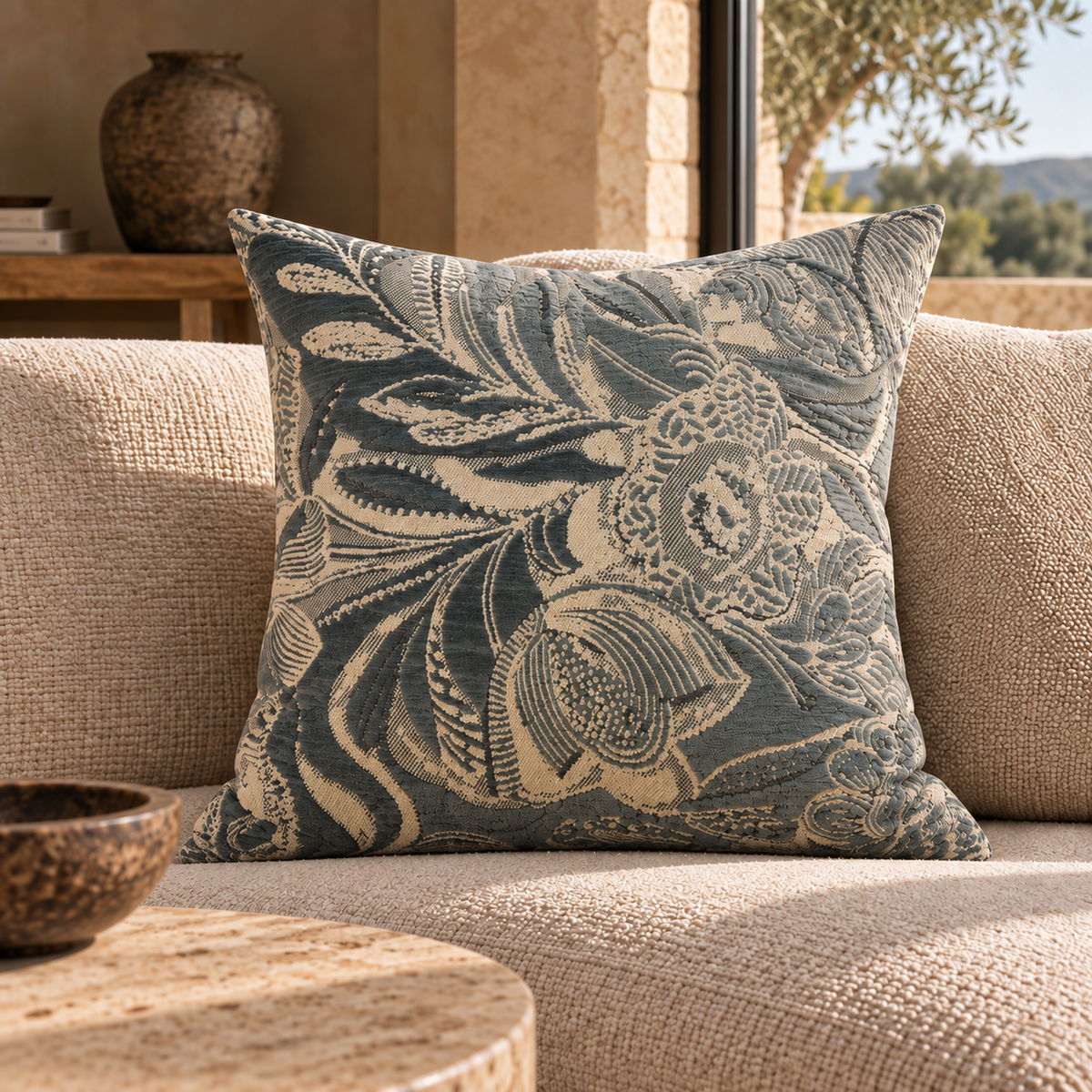 Coussin décoratif à motif floral bleu et écru – Bali 50x50 Homa Home