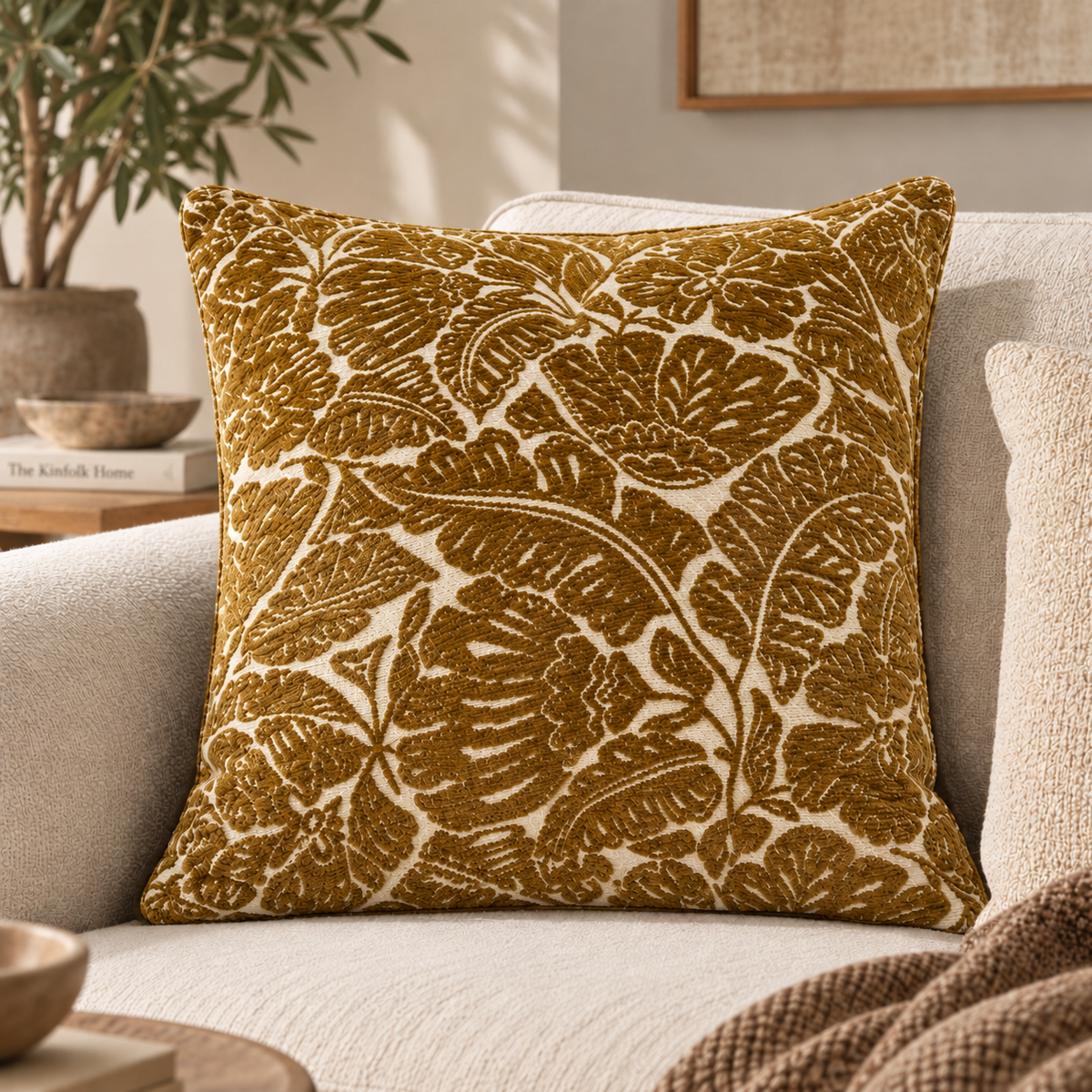 Coussin décoratif à motif floral ocre et écru – Flores 50x50 Homa Home