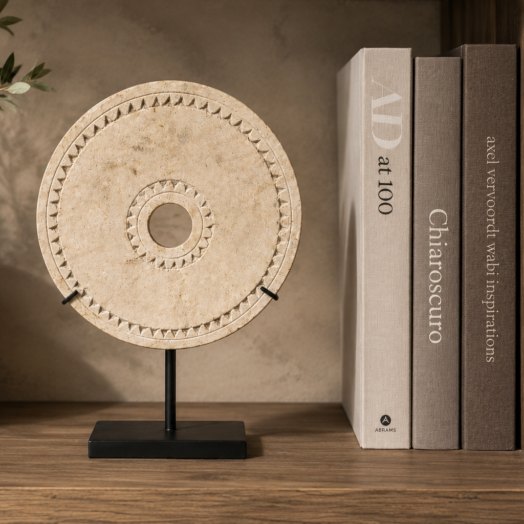 Sculpture décorative SOLIS en pierre beige sur socle noir Homa Home