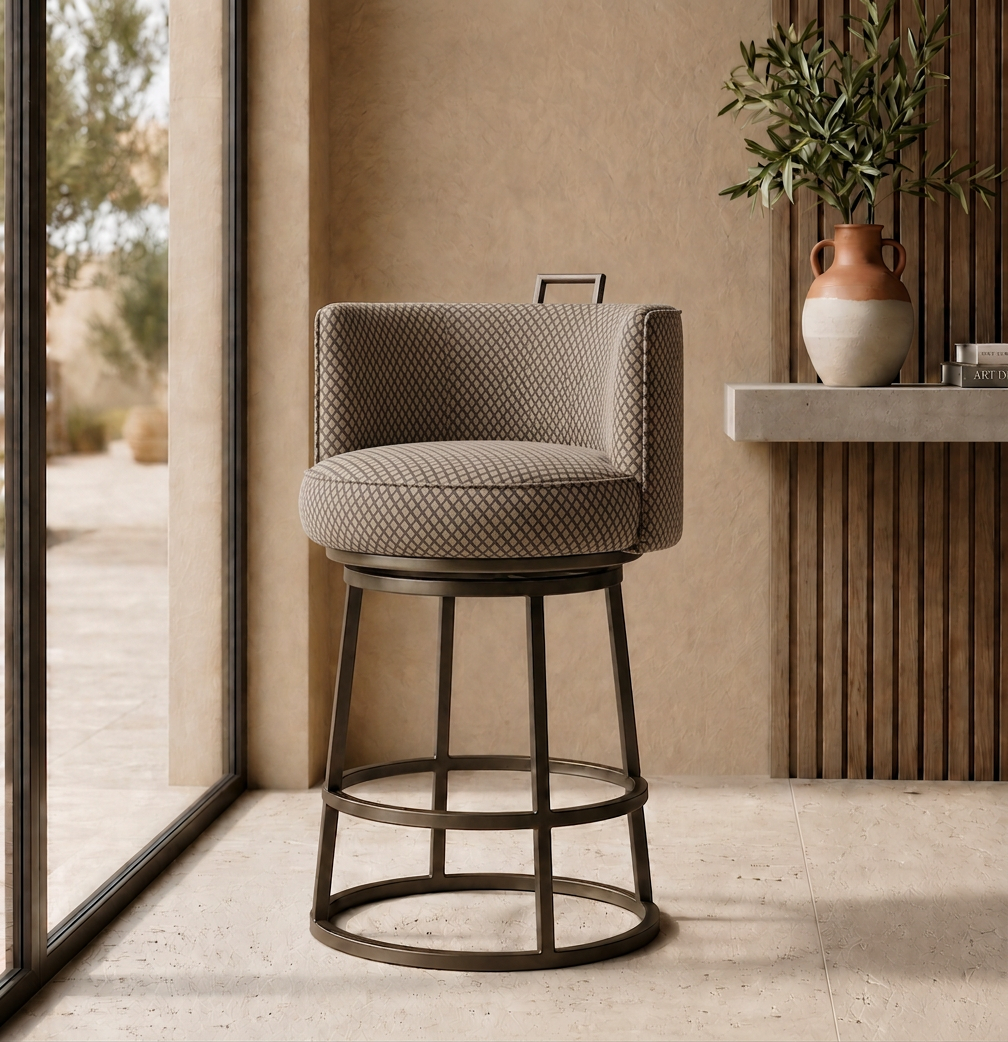 Tabouret pivotant Dana tissu quadrillé marron et noir homa home