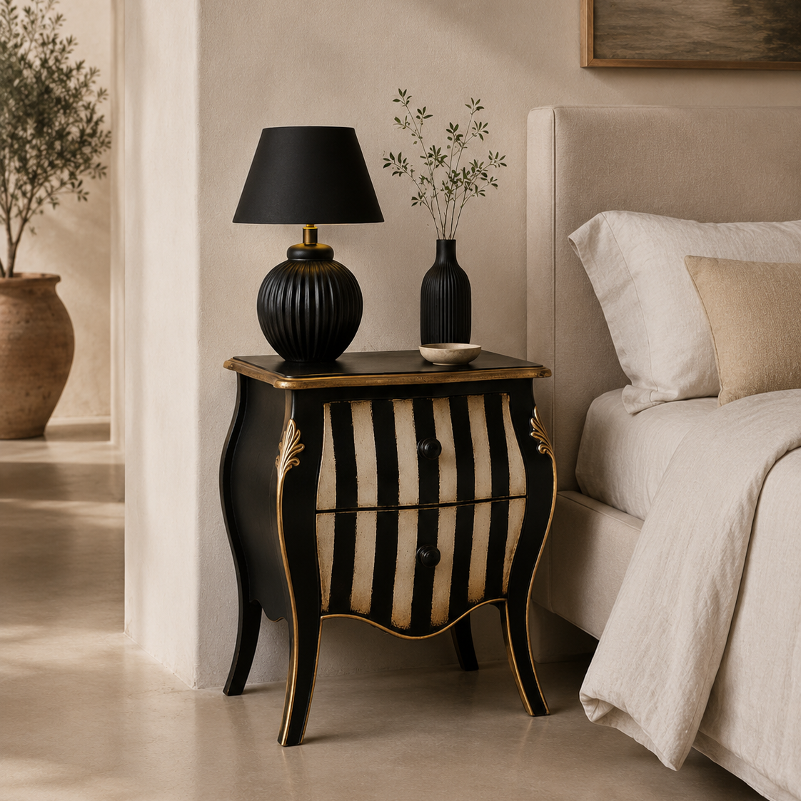 Chevet Marie en bois rayé noir et blanc homa home