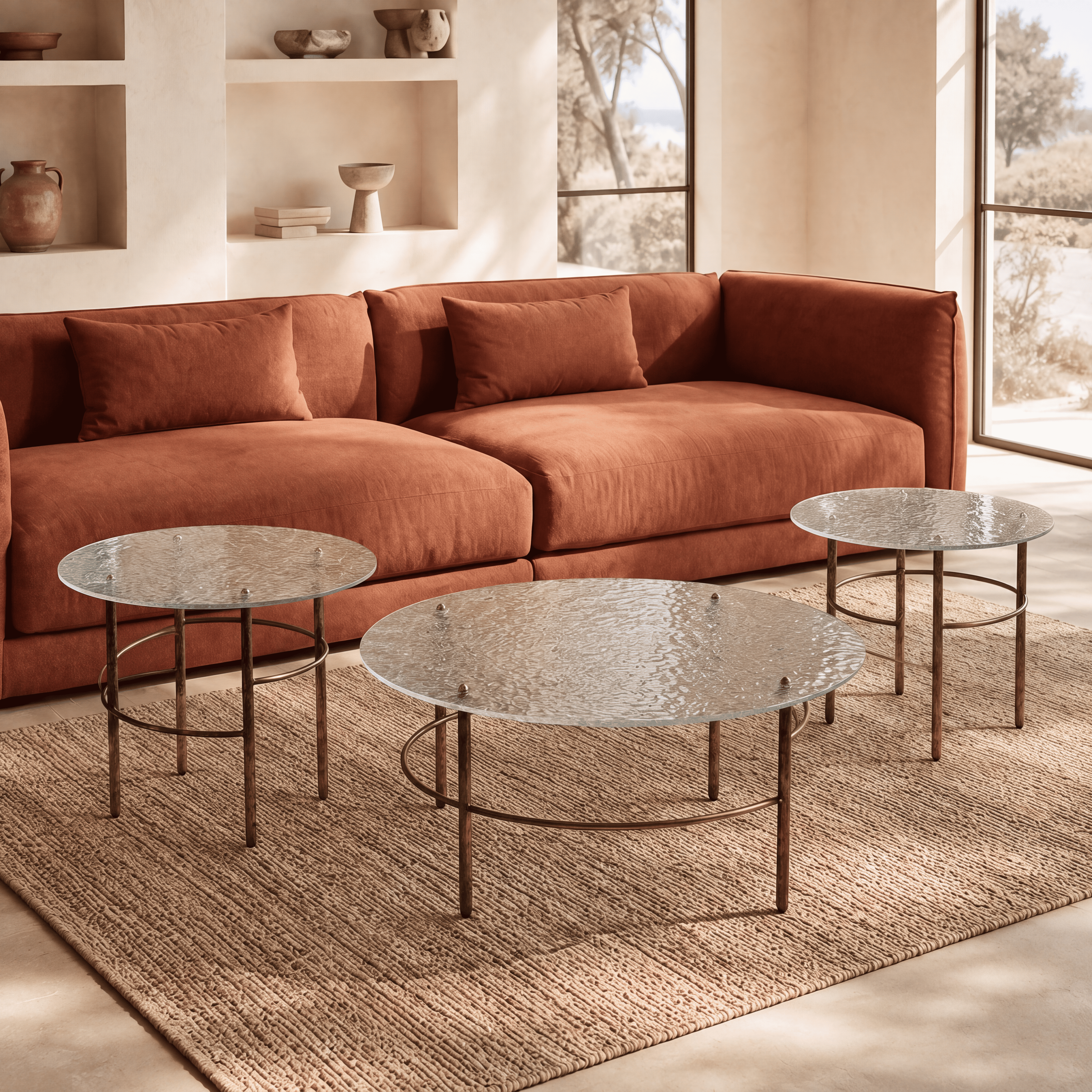 Trio de tables basses BULLE rondes en verre bullé trempé avec piètement en métal bronze martelé – L’Empreinte du Temps