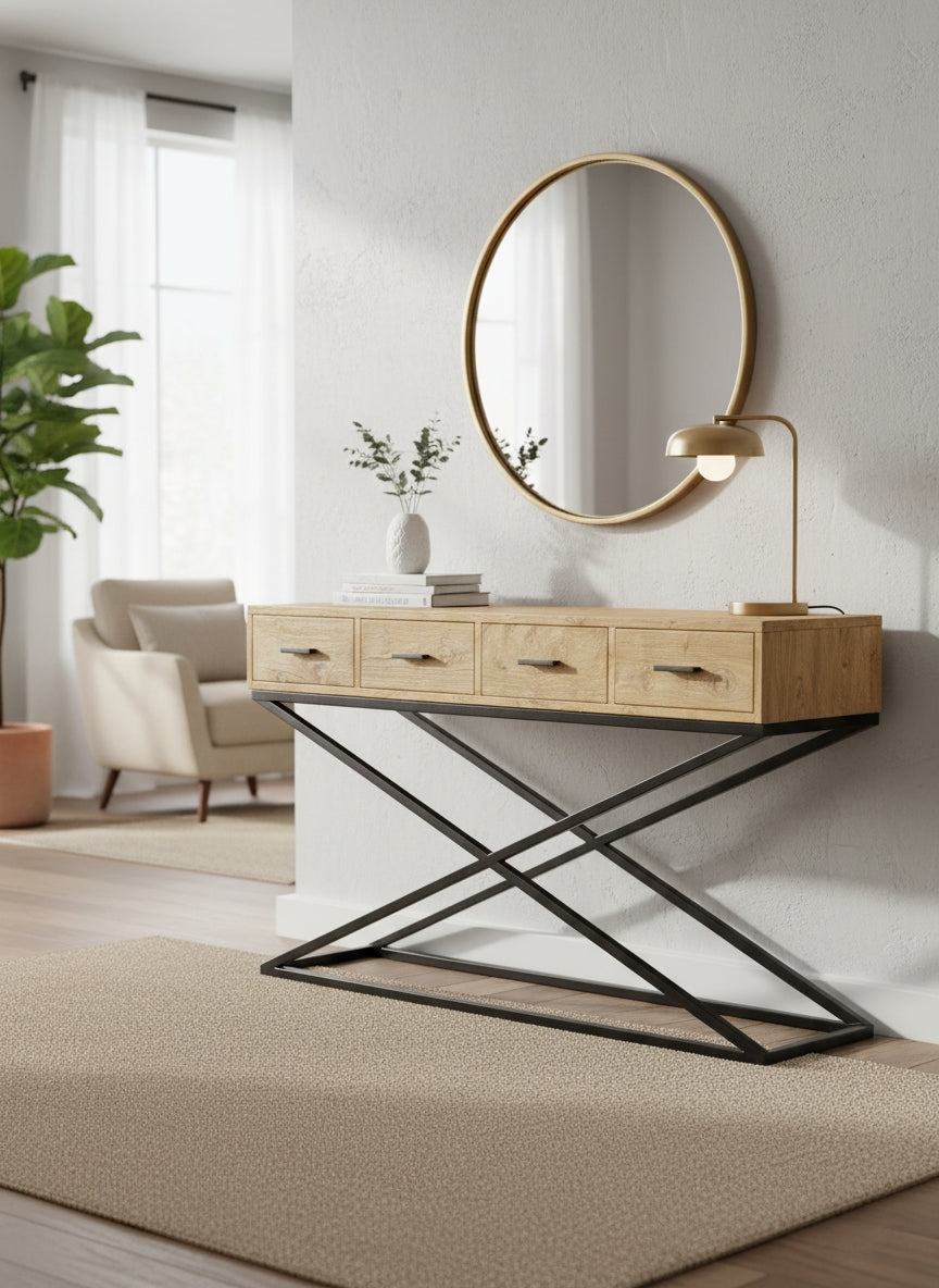 Console teck 4 tiroirs pieds X L'Empreinte