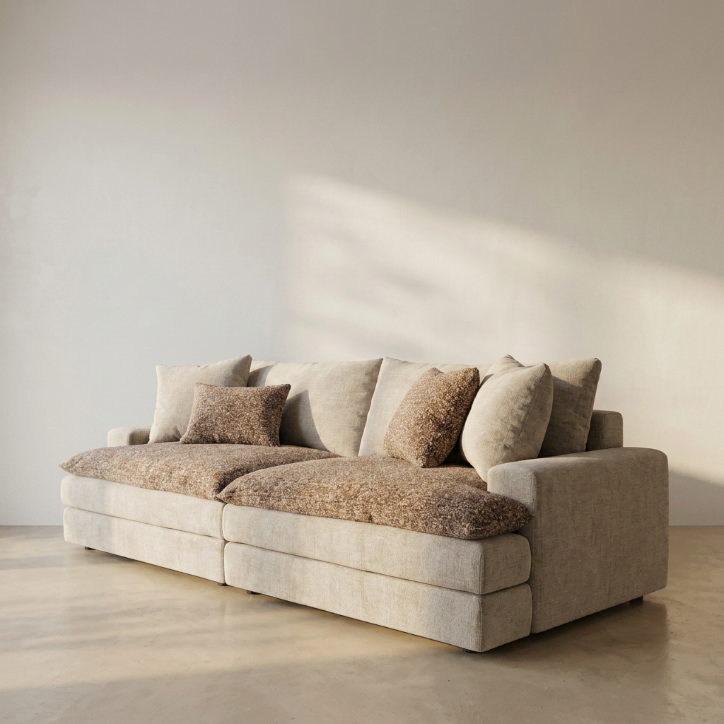 Canapé ROMA velours beige et surcoussins bouclette marron Homa Home