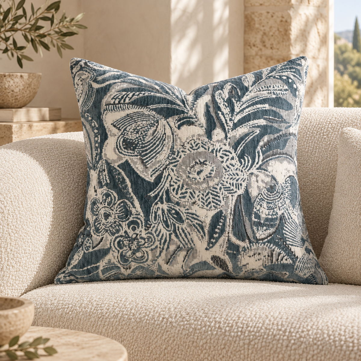 Coussin décoratif à motif floral bleu et écru – Nusa 50x50 Homa Home