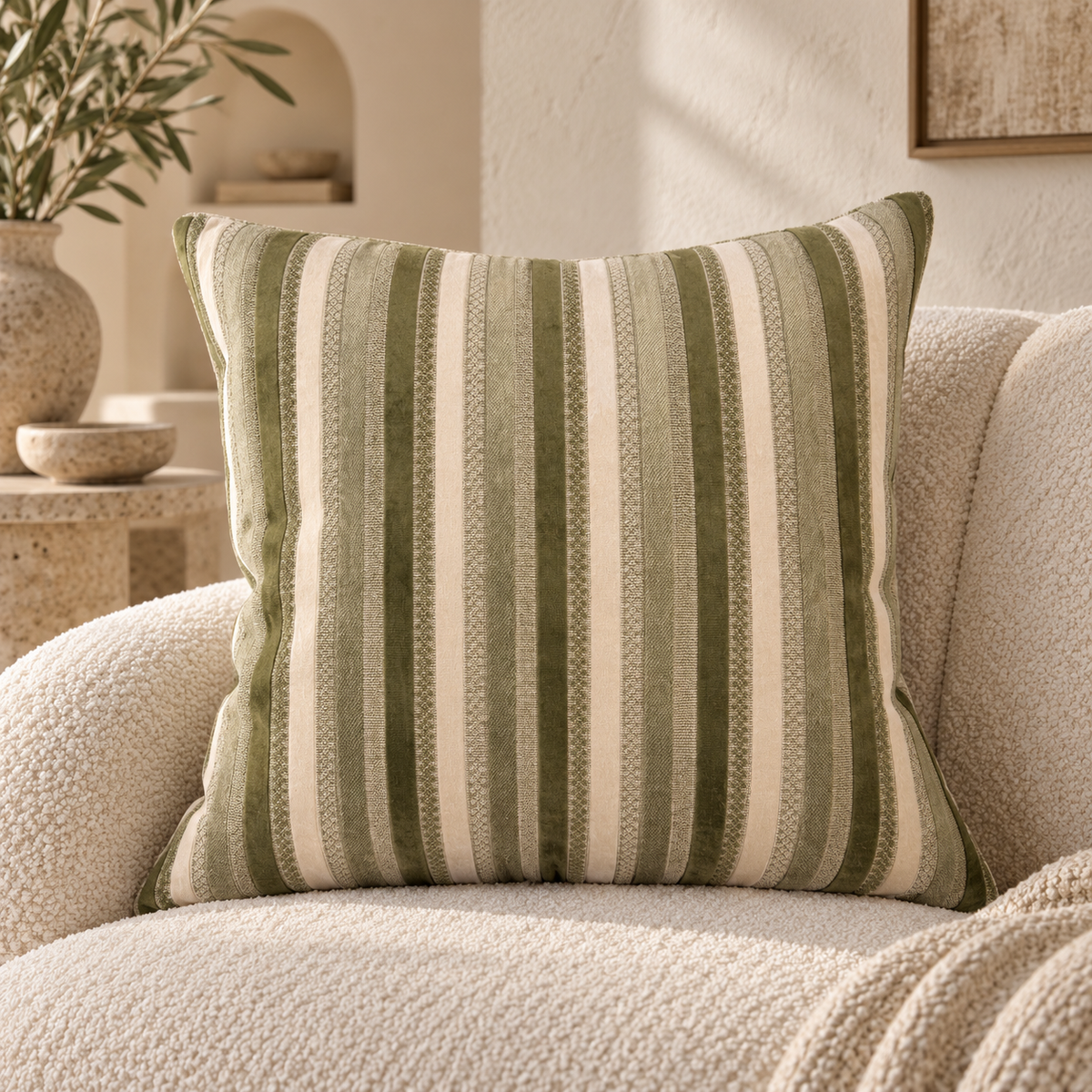 Coussin décoratif à rayures vert sauge et écru – Sumbawa 50x50 Homa Home