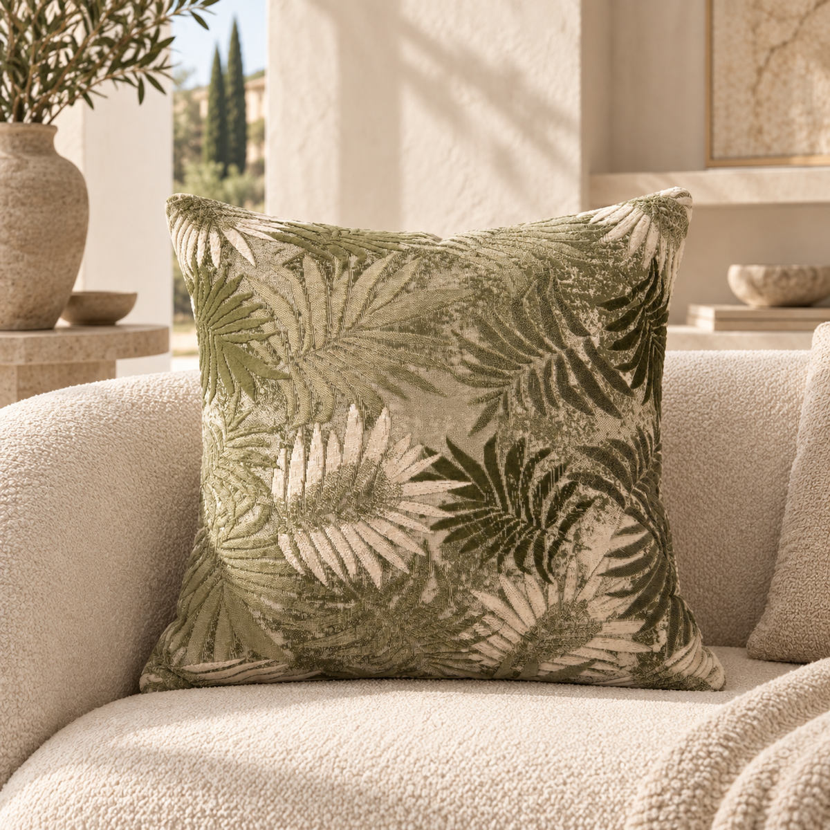Coussin décoratif à motif feuillage vert et écru – Komodo 50x50 Homa Home