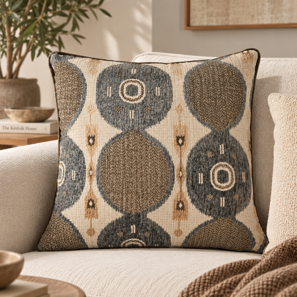 Coussin décoratif à motif graphique taupe, bleu grisé et écru – Timor 50x50 Homa Home