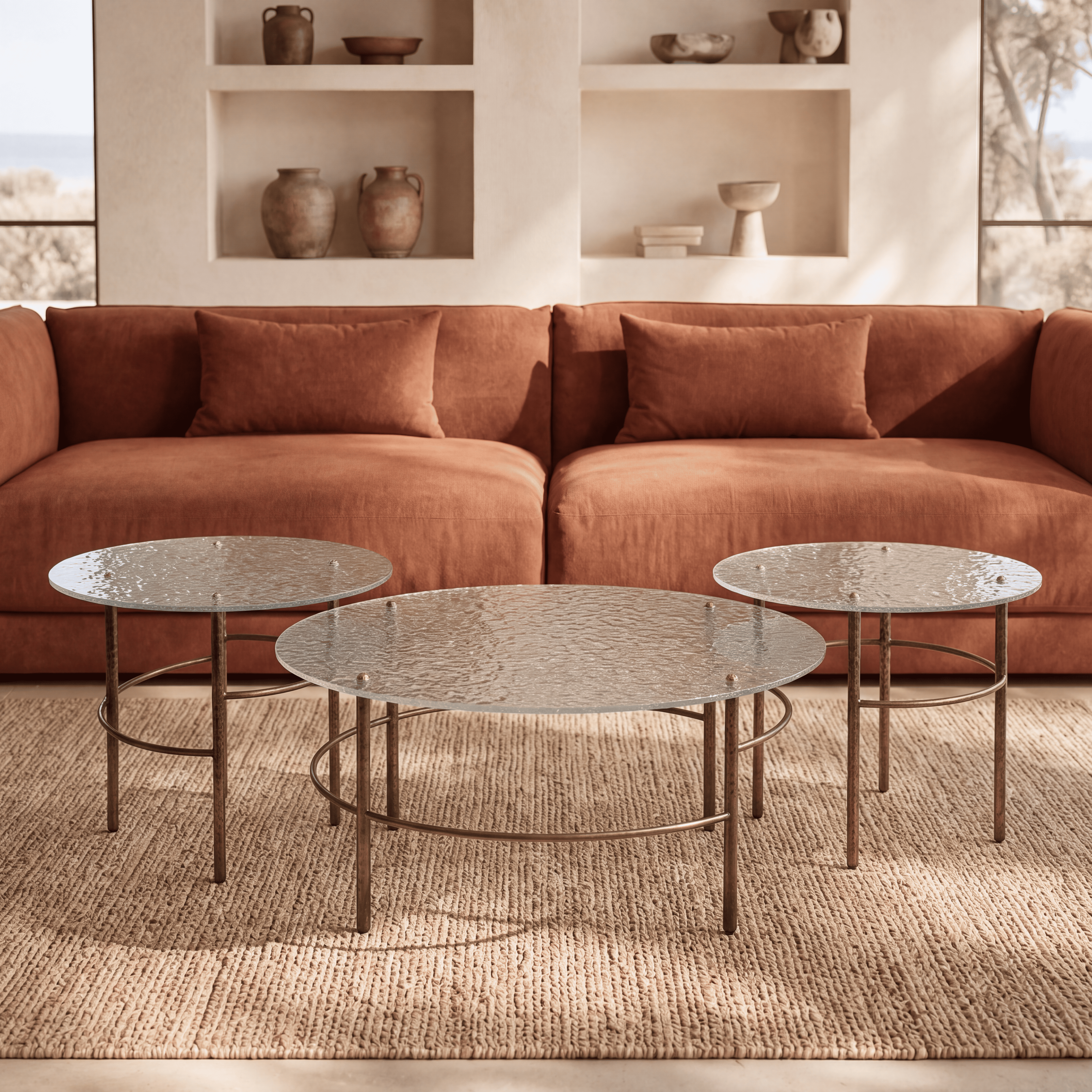 Trio de tables basses BULLE en verre bullé et métal bronze homa home